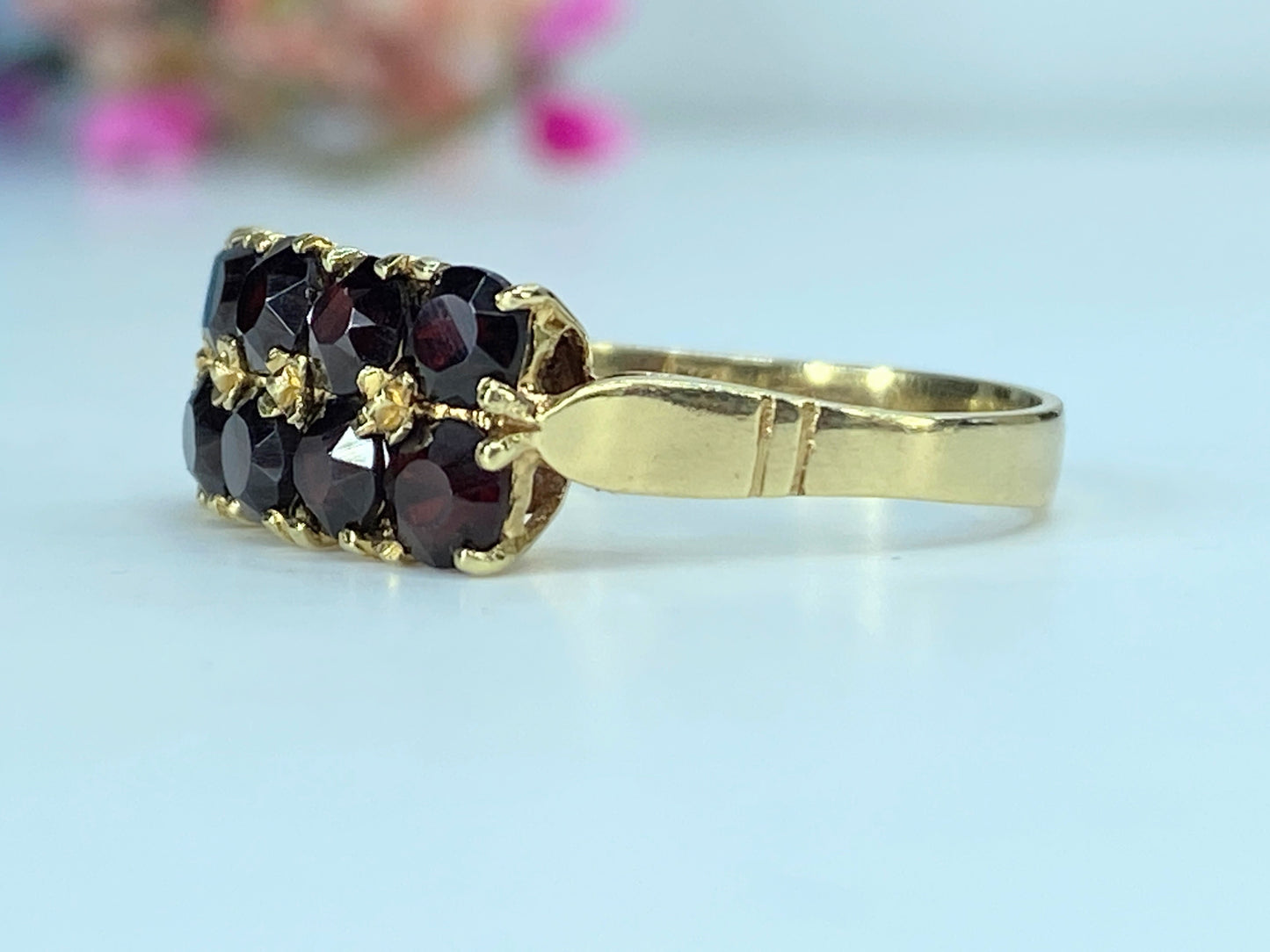 Victorian 14K yellow gold double rows Bohemian Garnet ring s8.5 3.8g JR414