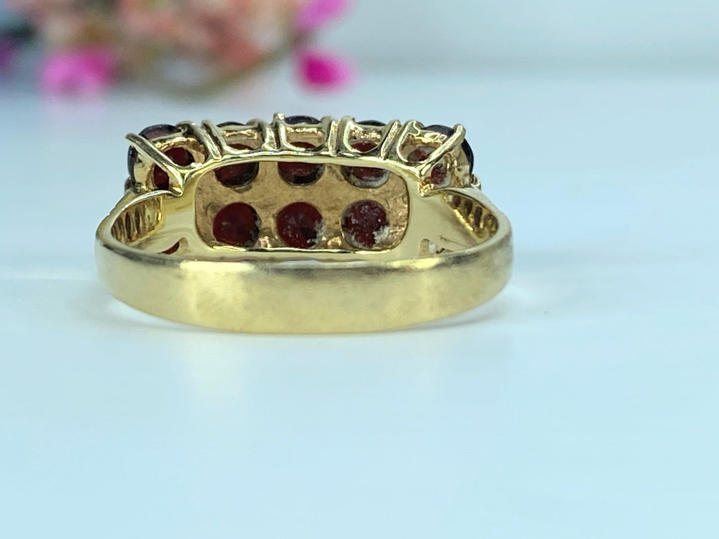 Victorian 14K yellow gold double rows Bohemian Garnet ring s8.5 3.8g JR414