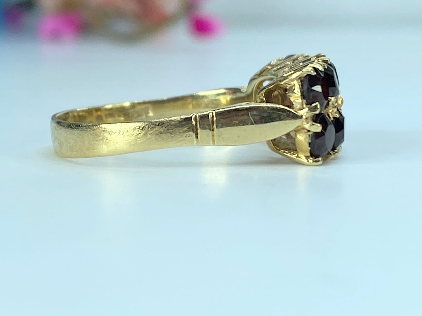 Victorian 14K yellow gold double rows Bohemian Garnet ring s8.5 3.8g JR414