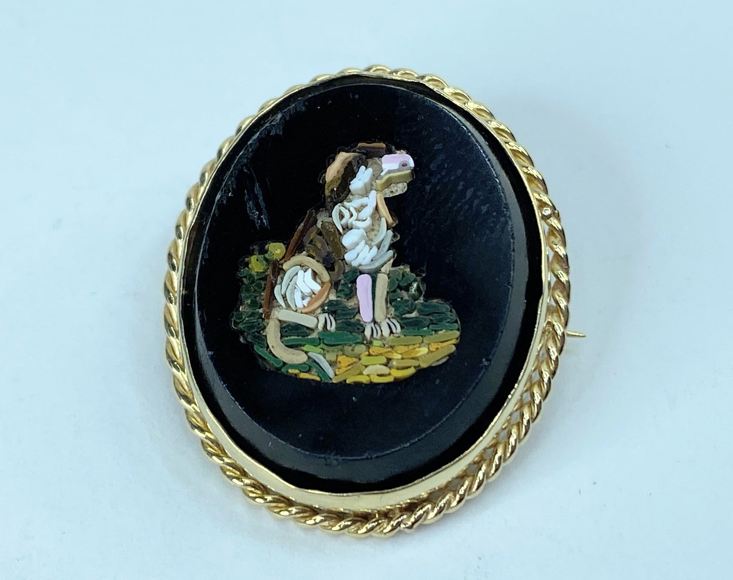 Antique Micro-mosaic 14k yellow gold rope bezel Dog Brooch 8g 30mm JR959