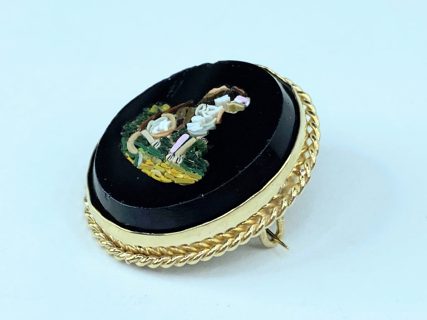 Antique Micro-mosaic 14k yellow gold rope bezel Dog Brooch 8g 30mm JR959