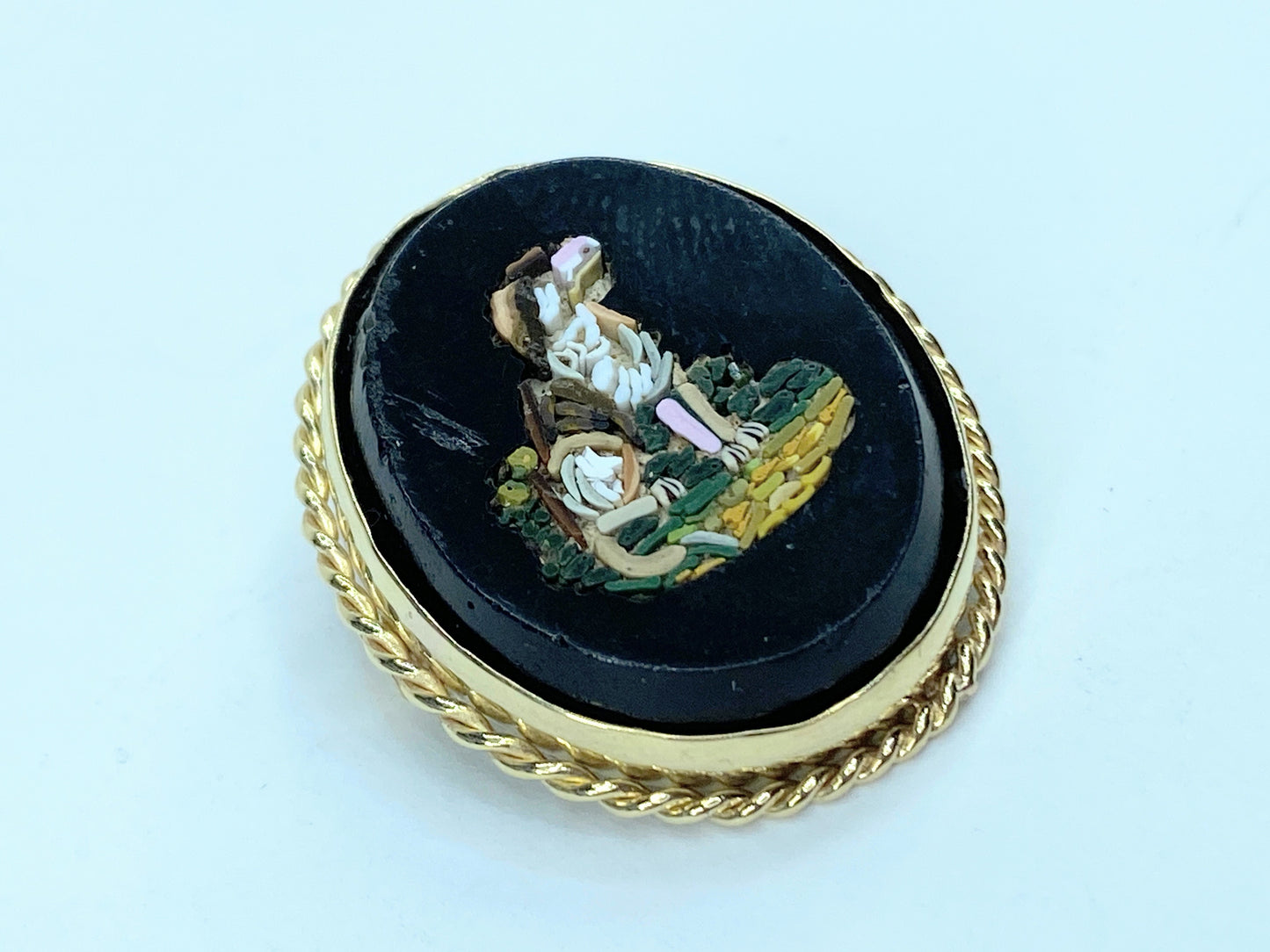 Antique Micro-mosaic 14k yellow gold rope bezel Dog Brooch 8g 30mm JR959