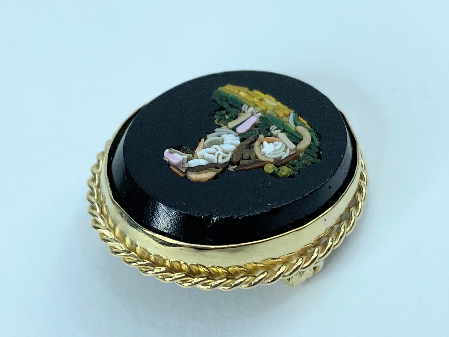 Antique Micro-mosaic 14k yellow gold rope bezel Dog Brooch 8g 30mm JR959