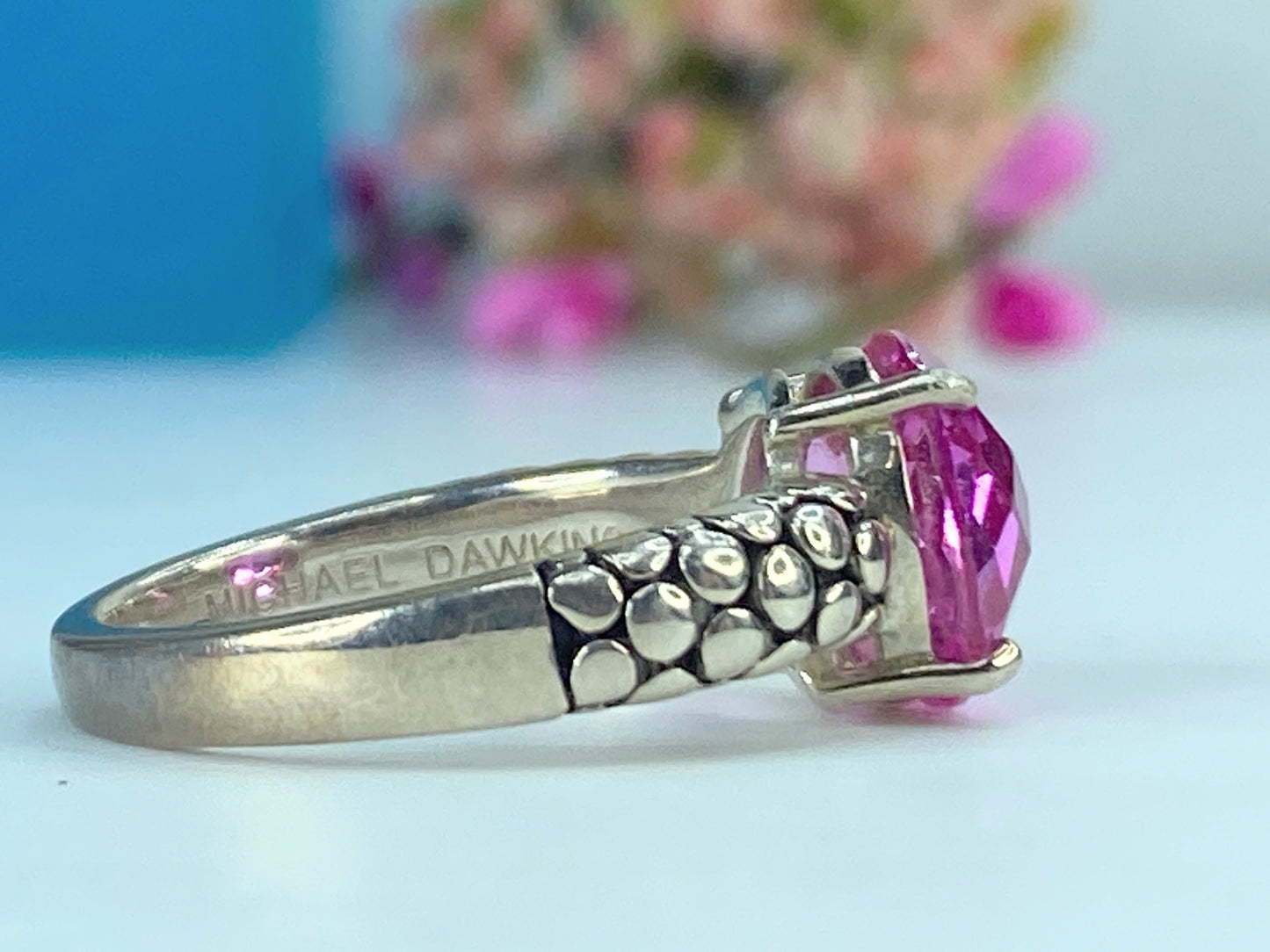 Michael Dawkins Silver Ring Lab Pink Sapphire Pebble Band Size 7 5.2g JR405