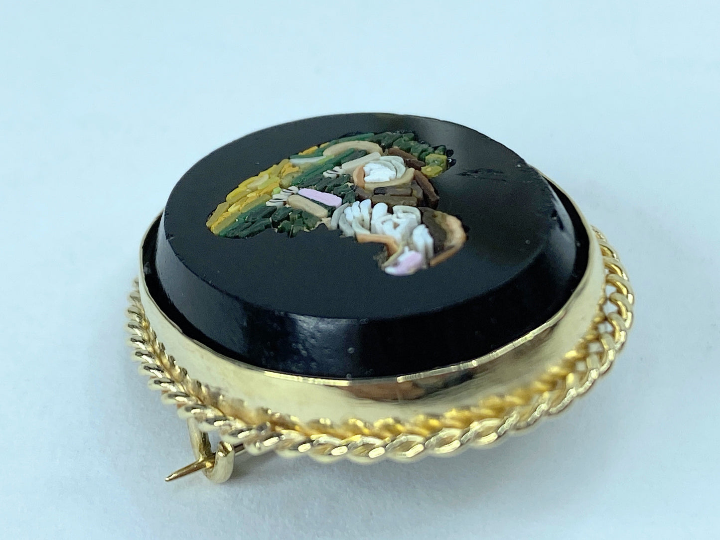 Antique Micro-mosaic 14k yellow gold rope bezel Dog Brooch 8g 30mm JR959