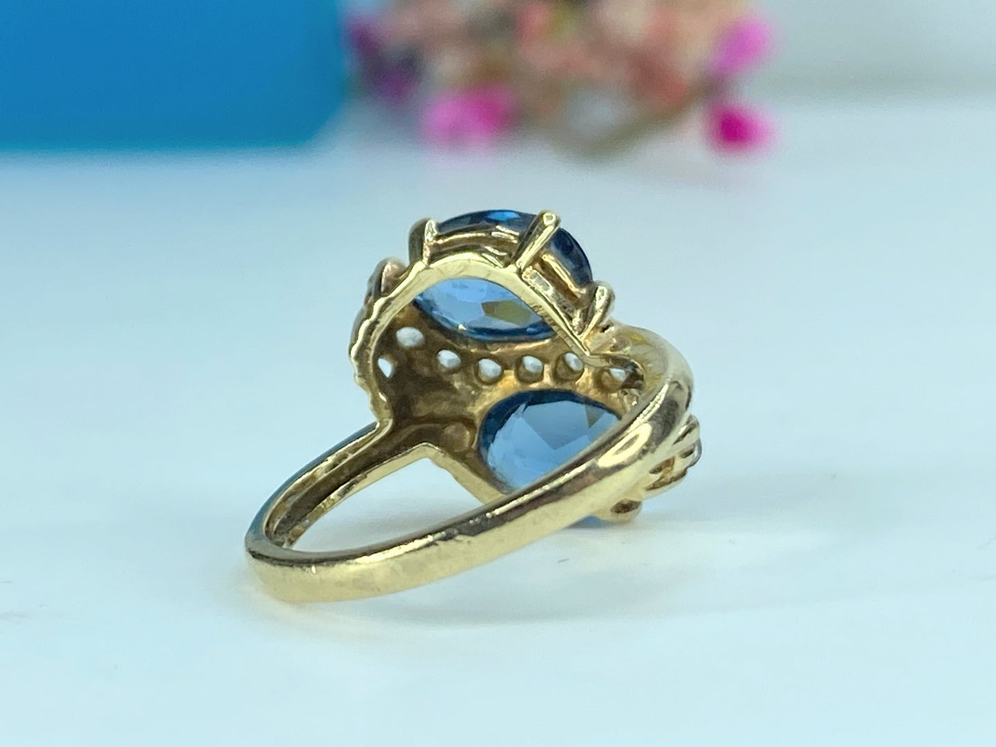10K Yellow Gold Swiss Blue & White Topaz swirl Ring 3.1g s5 3.1g JR468