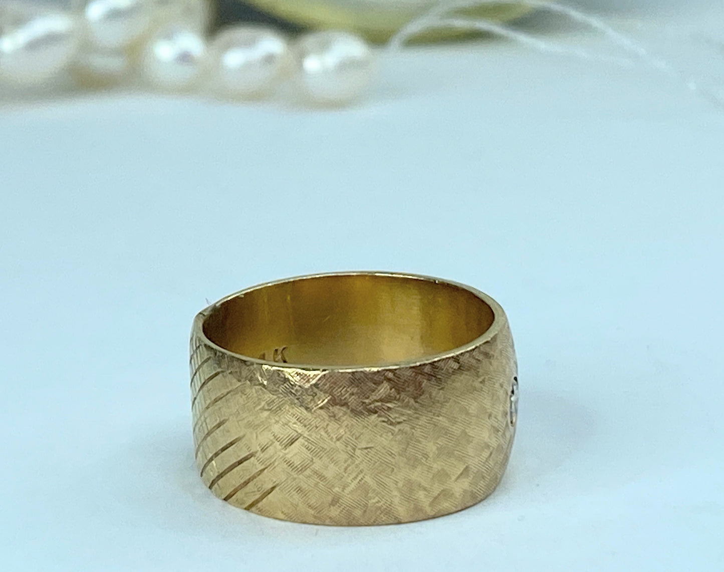 14K 11.5mm hand hammer 0.35ct G/VS1 round brilliant diamond ring 11.6gm JR964