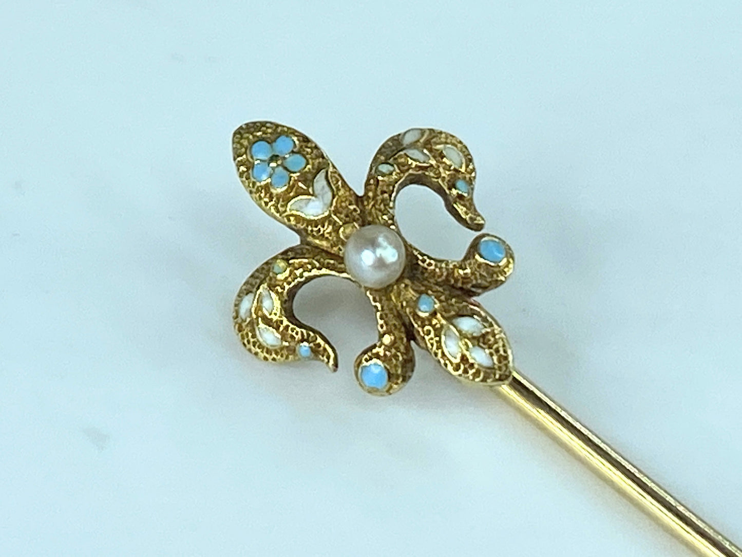 Antique 14K Fleur De Lis Seed Pearl Sky blue Enamel stick pin 1.3g 55mm JR412