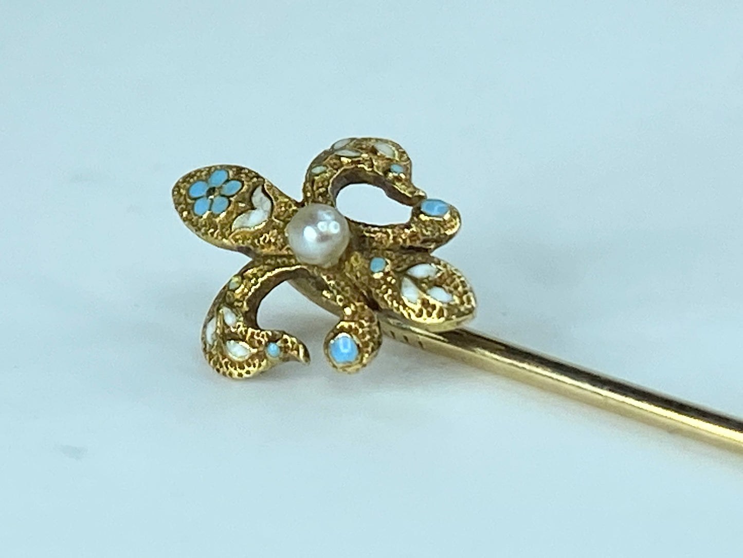 Antique 14K Fleur De Lis Seed Pearl Sky blue Enamel stick pin 1.3g 55mm JR412