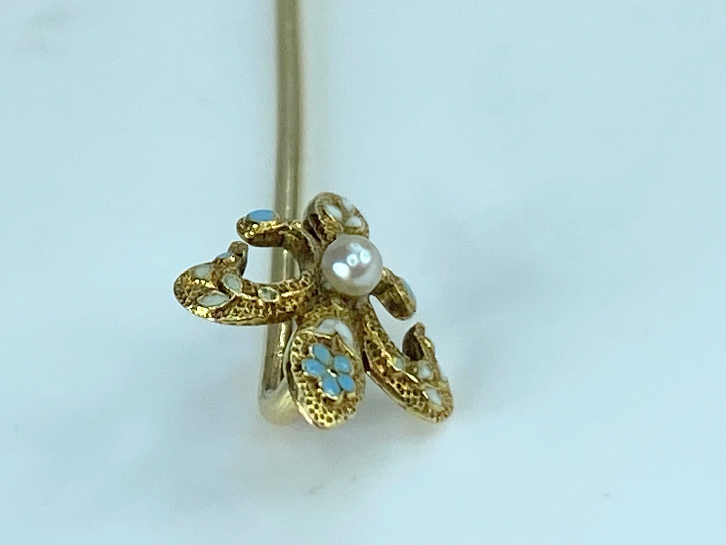 Antique 14K Fleur De Lis Seed Pearl Sky blue Enamel stick pin 1.3g 55mm JR412