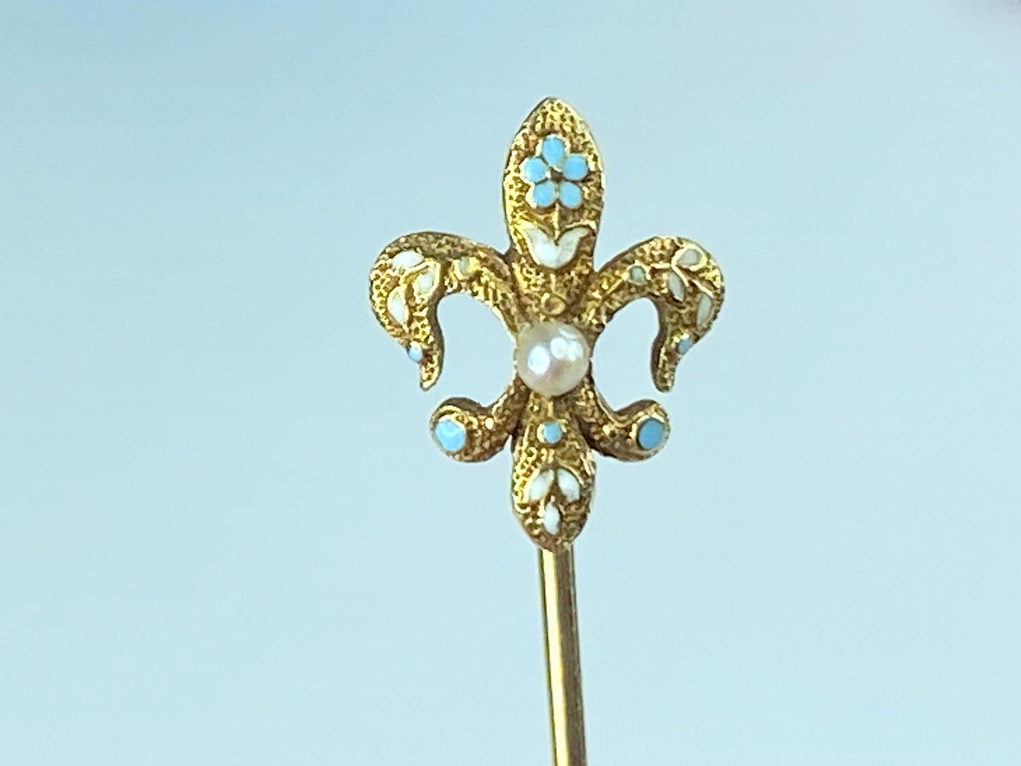 Antique 14K Fleur De Lis Seed Pearl Sky blue Enamel stick pin 1.3g 55mm JR412