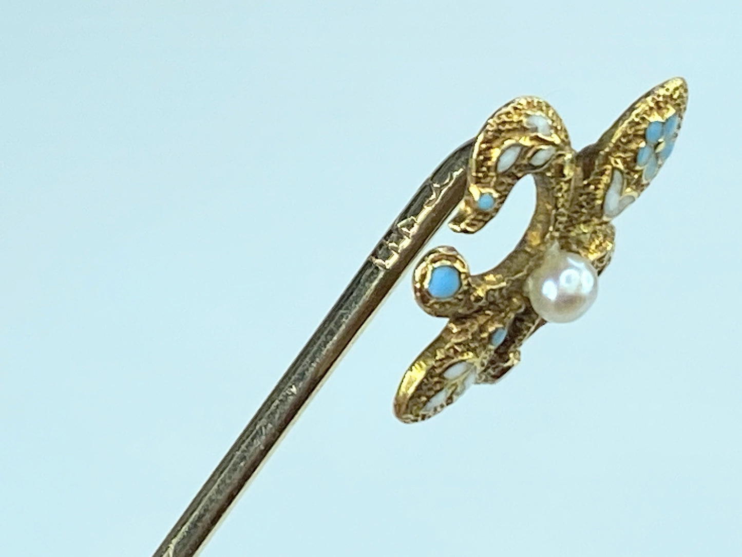 Antique 14K Fleur De Lis Seed Pearl Sky blue Enamel stick pin 1.3g 55mm JR412