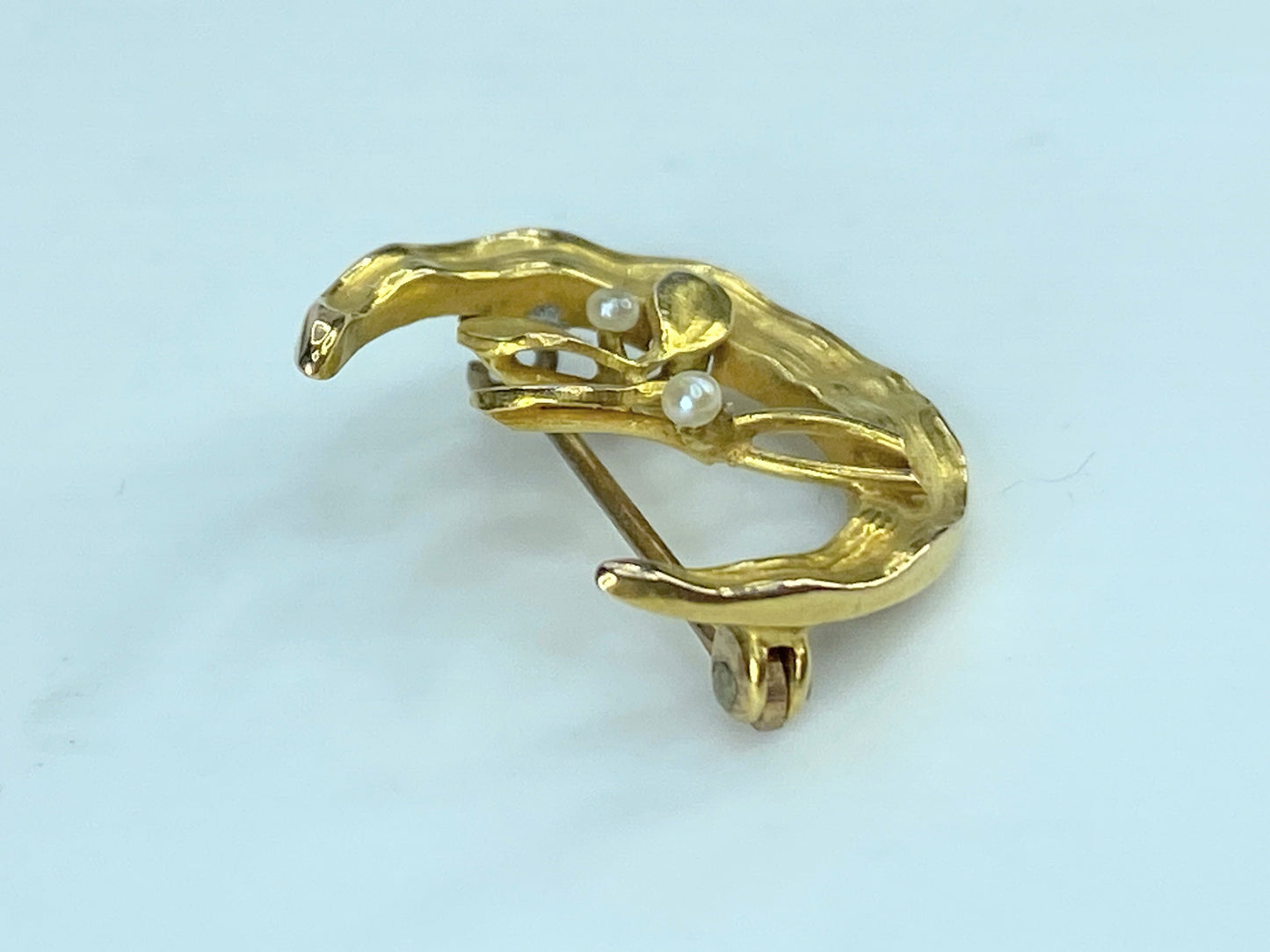 Art Deco 14K yellow gold hand hammered Half Moon Seed pearl flower pin JR415