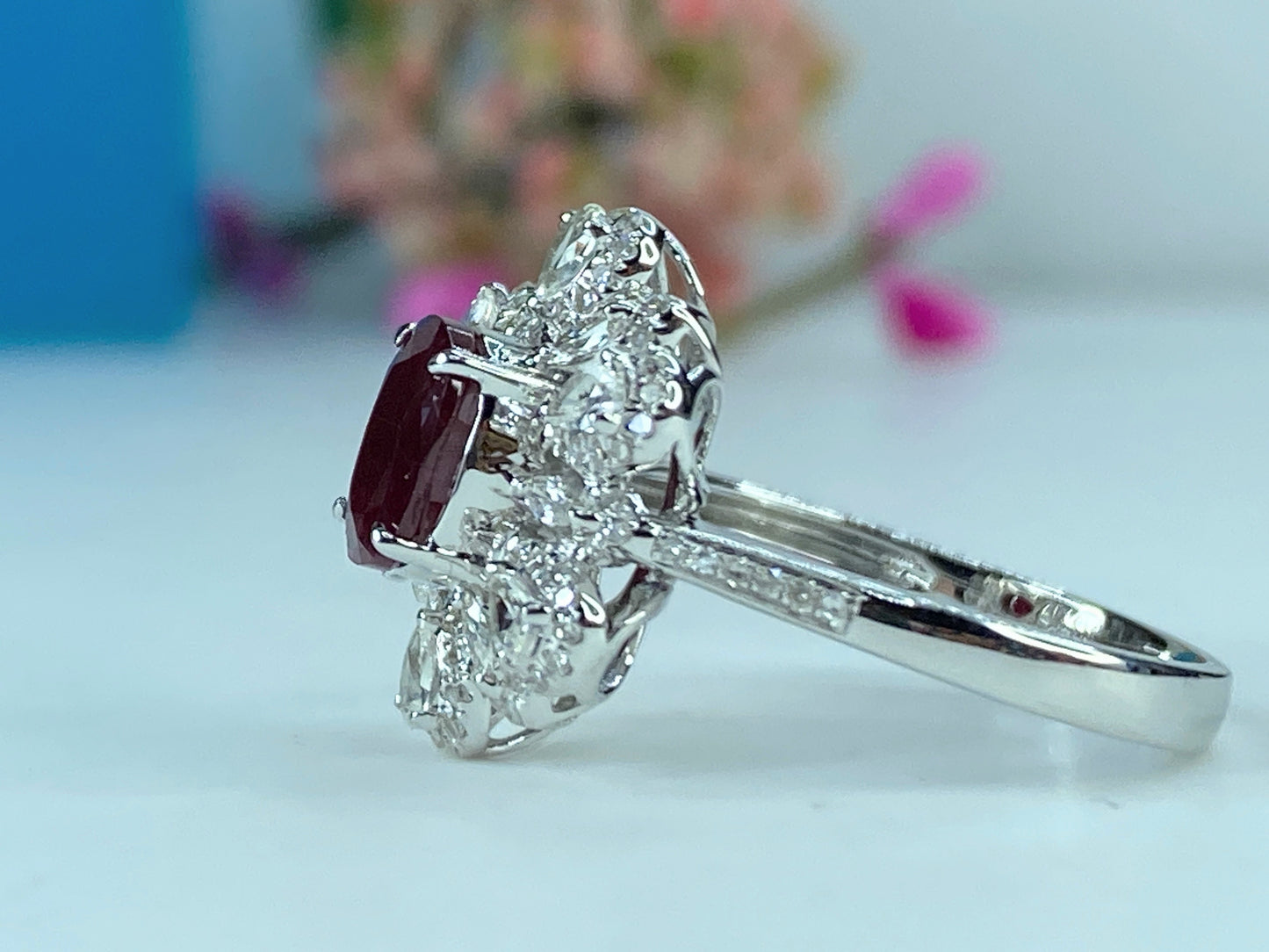 Certified 18K white gold 1.12ct Pigeon Blood Ruby 0.57ct Diamond ring s6.5 JR425