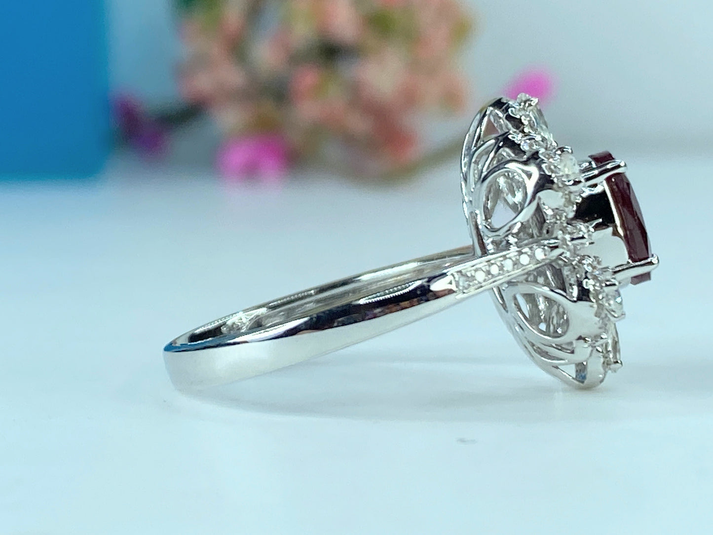 Certified 18K white gold 1.12ct Pigeon Blood Ruby 0.57ct Diamond ring s6.5 JR425