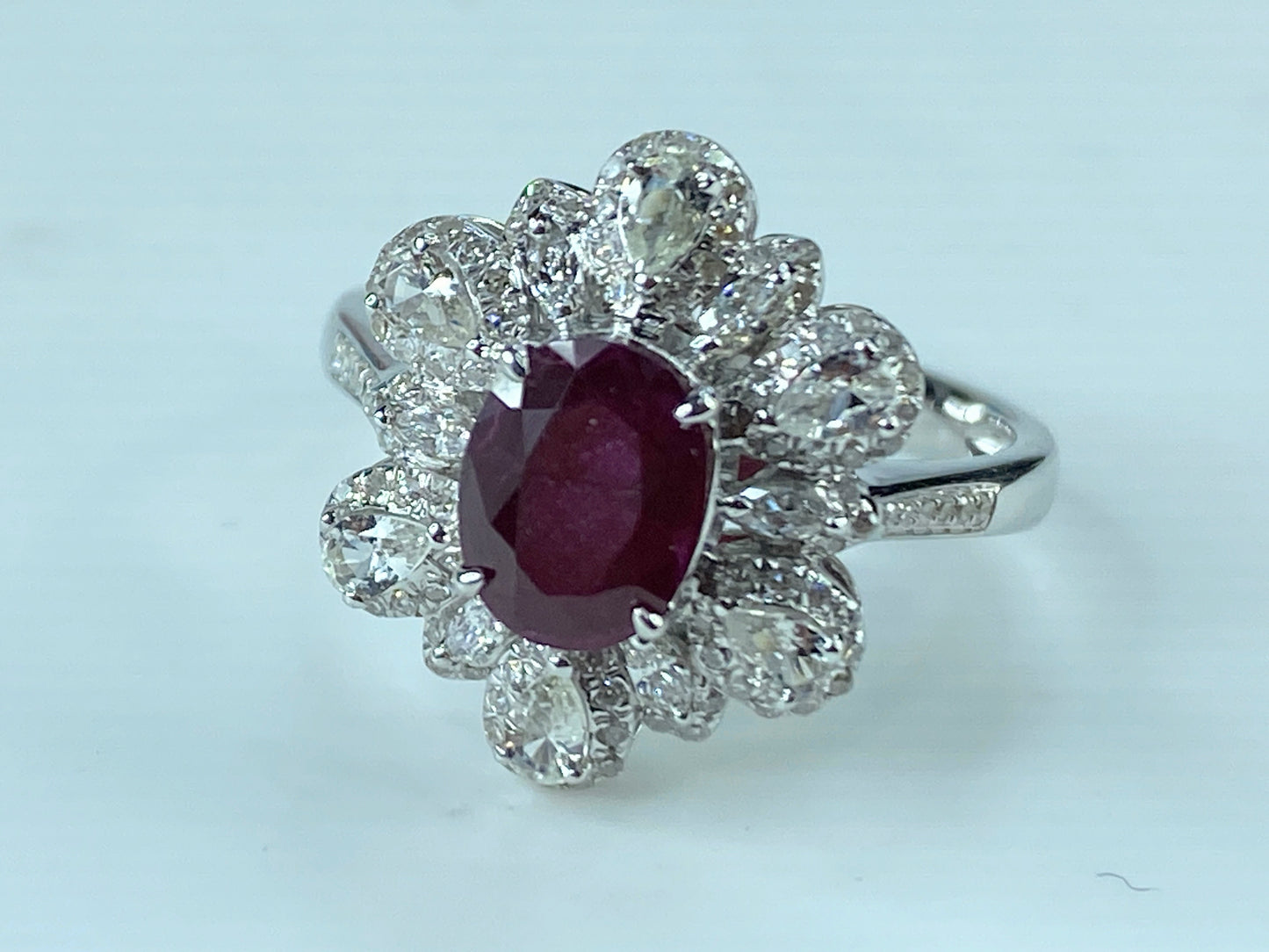 Certified 18K white gold 1.12ct Pigeon Blood Ruby 0.57ct Diamond ring s6.5 JR425