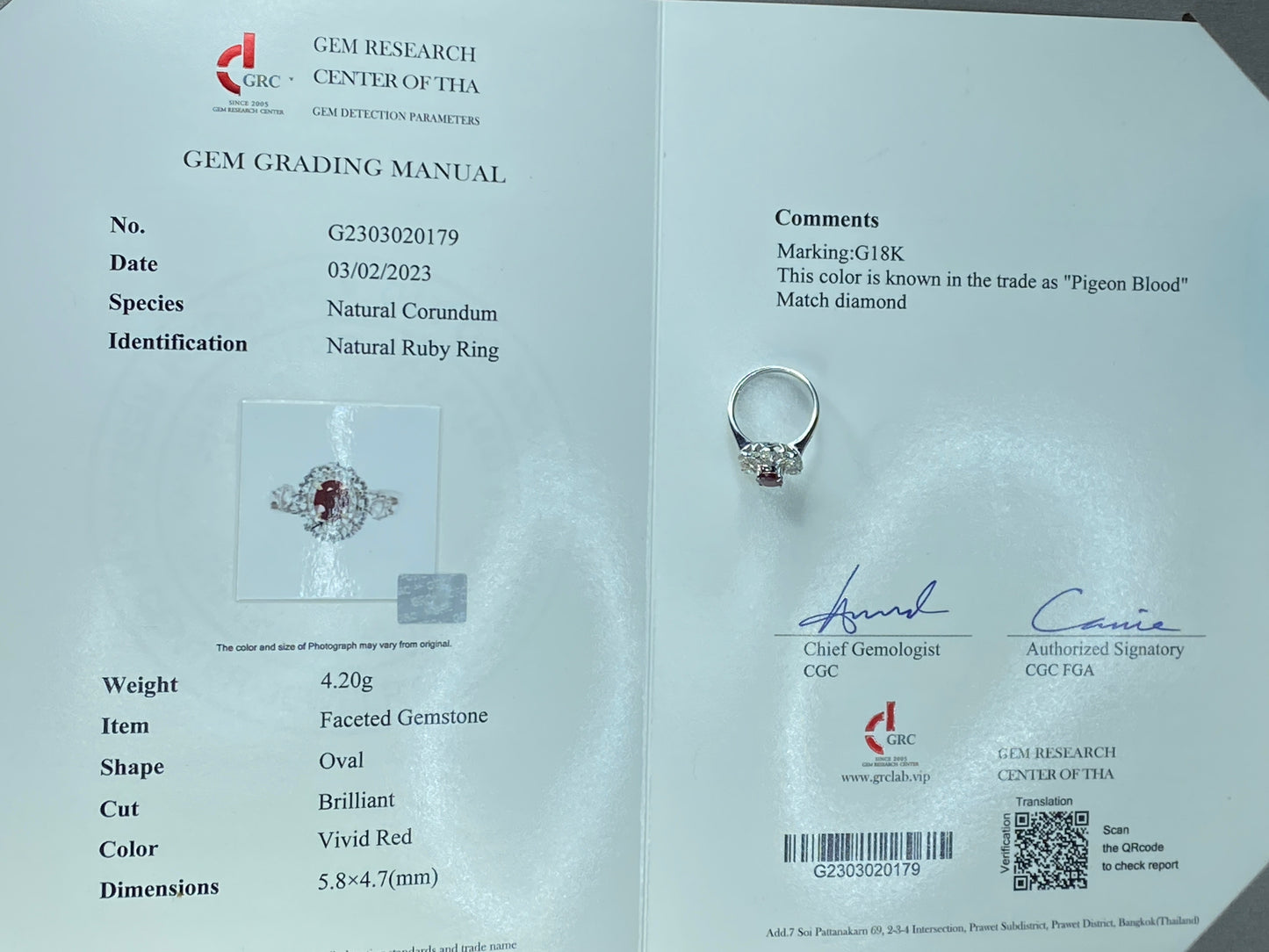 Certified 18K white gold 1.12ct Pigeon Blood Ruby 0.57ct Diamond ring s6.5 JR425