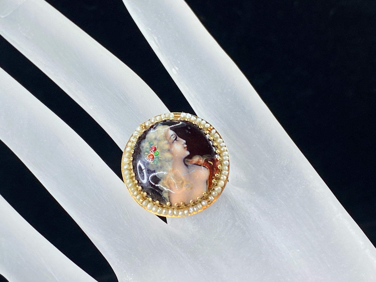 Victorian Revival France Ascione 14K painted porcelain seed pearls ring