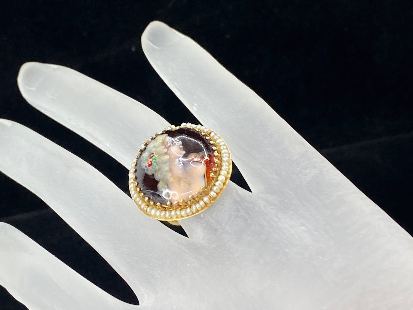 Victorian Revival France Ascione 14K painted porcelain seed pearls ring