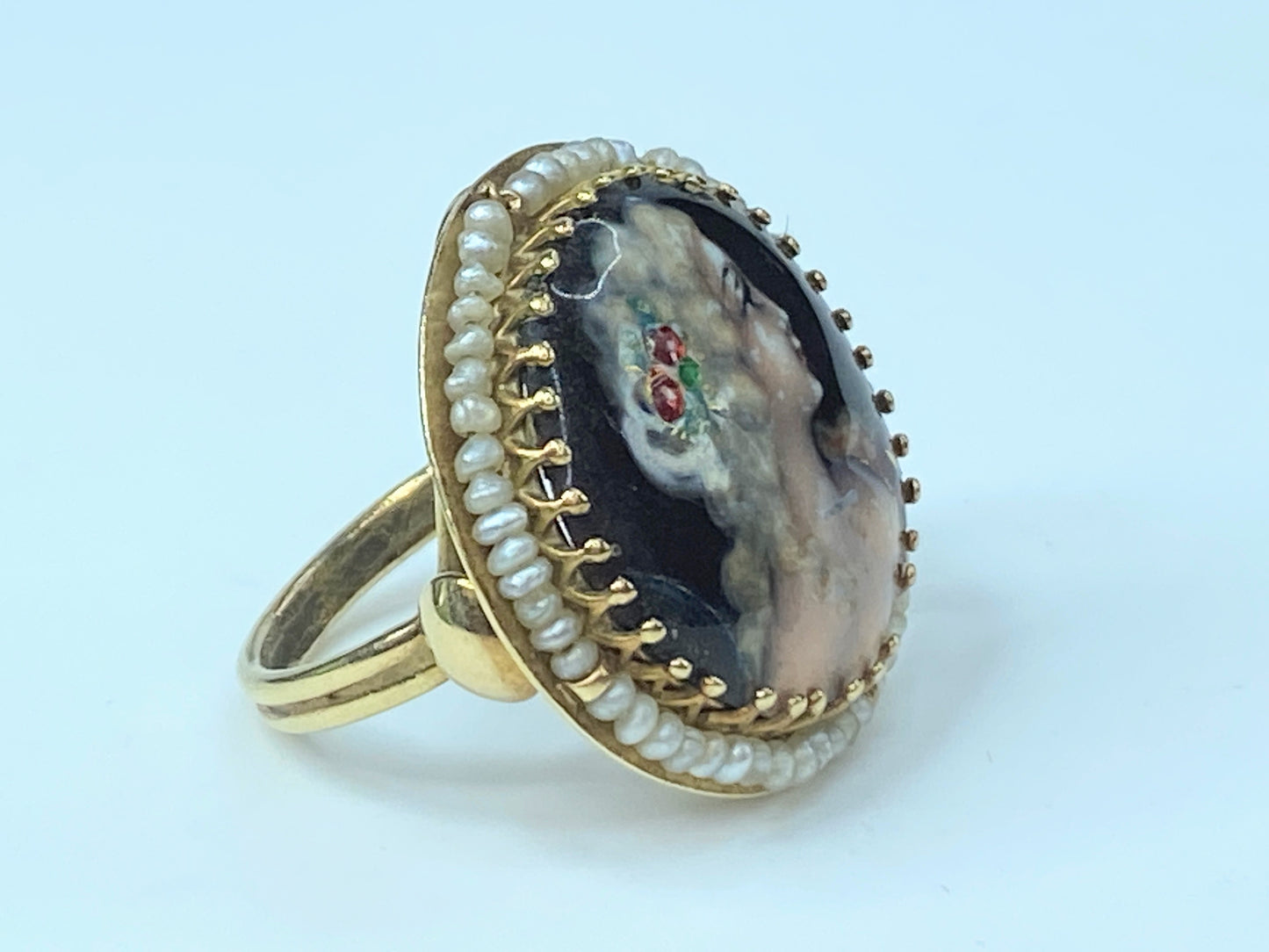 Victorian Revival France Ascione 14K painted porcelain seed pearls ring
