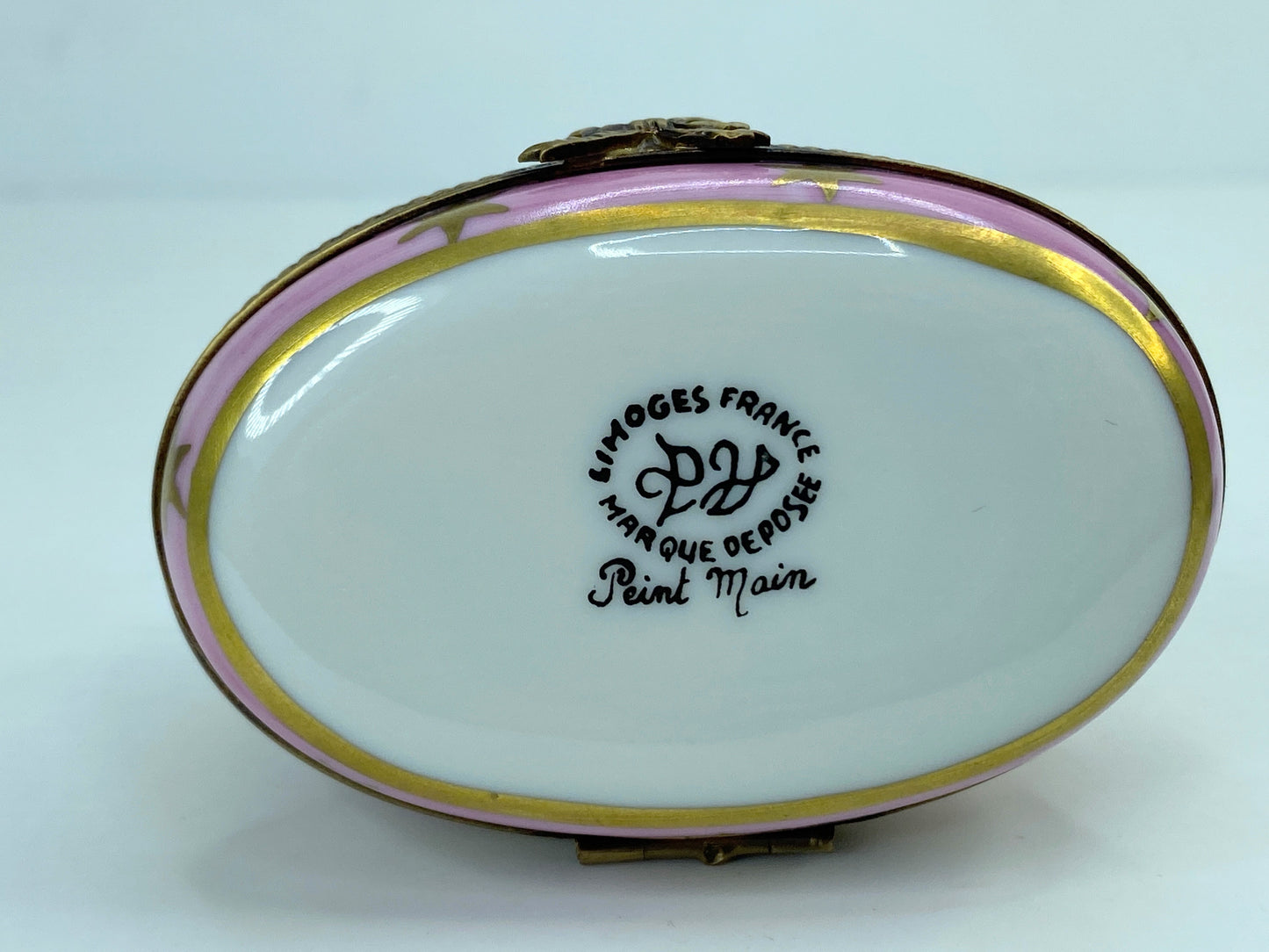 Limoges France Peint Main PV Teddy Bear with Drum Trinket Box 2.5" A471