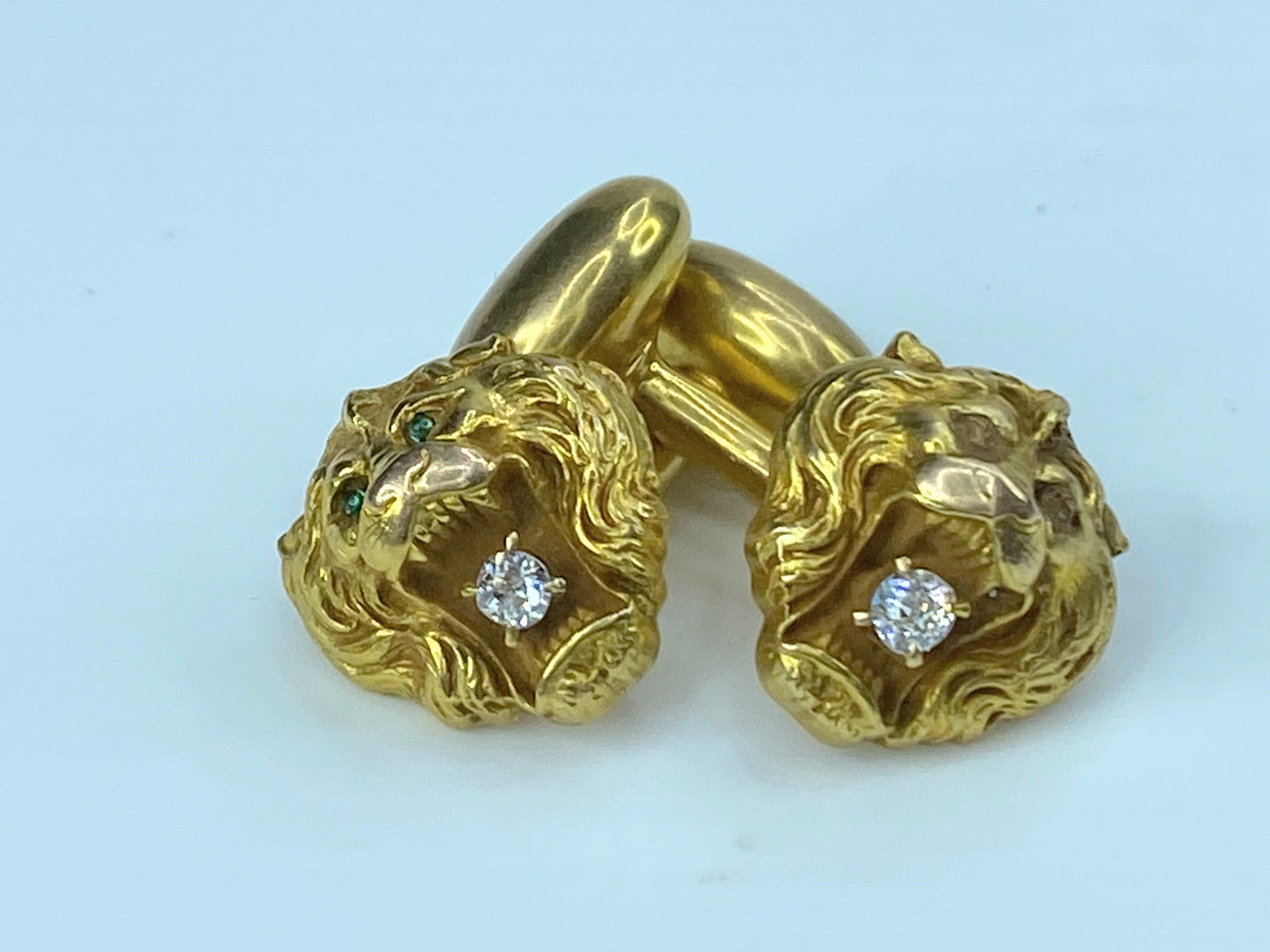 Mid-century 14K gold Diamond Lion head bust Green eye cufflink