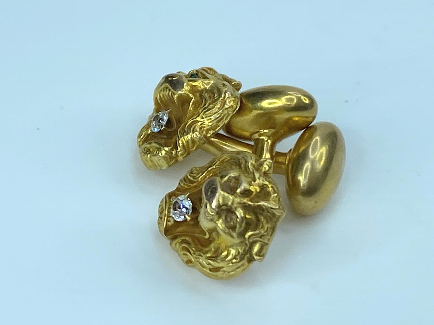 Mid-century 14K gold Diamond Lion head bust Green eye cufflink