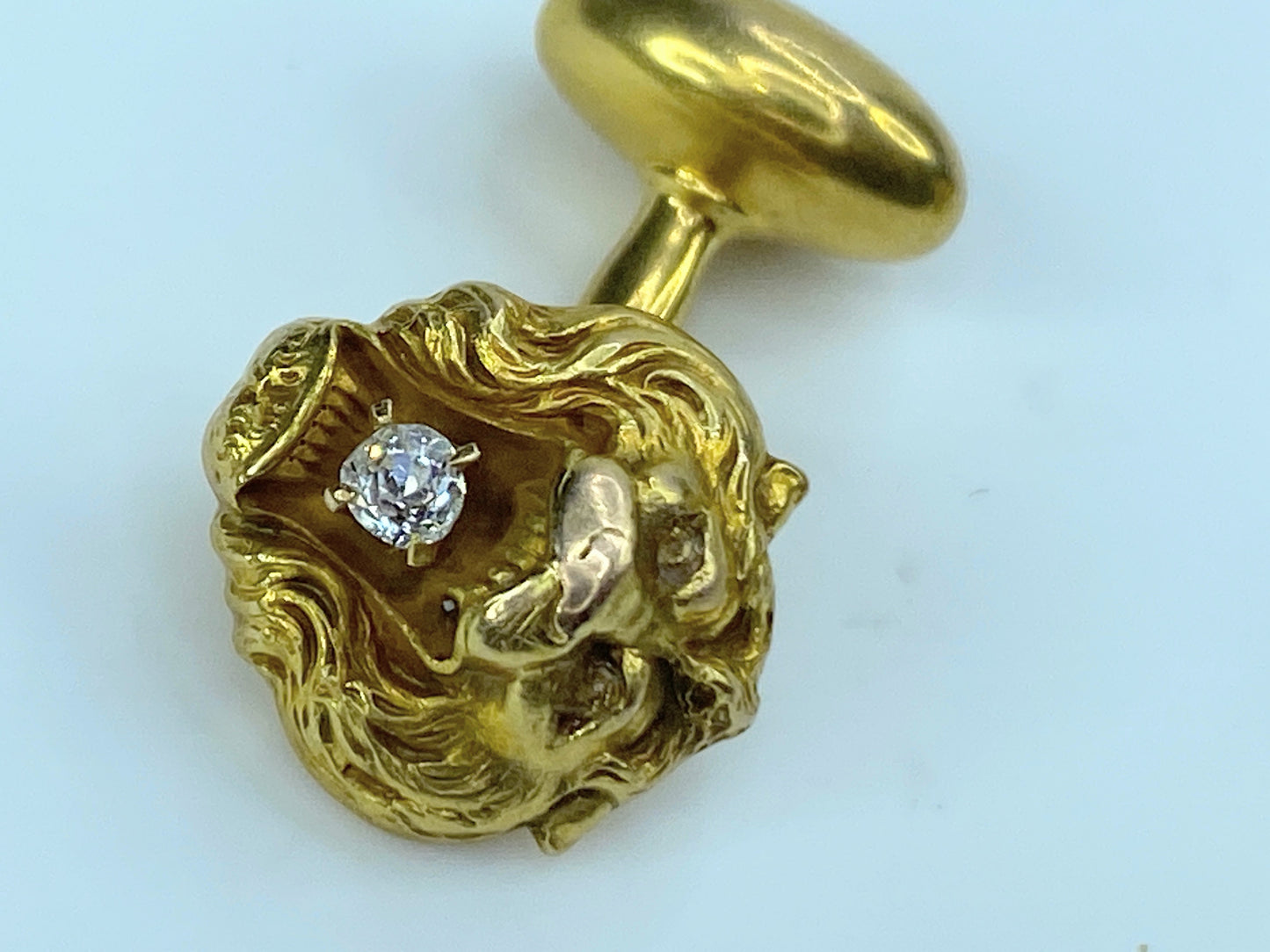 Mid-century 14K gold Diamond Lion head bust Green eye cufflink