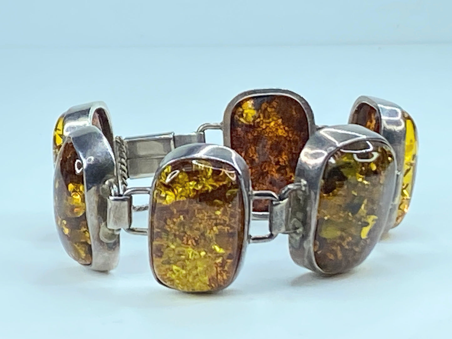 Chunky Mid-Century Sterling Silver Open Back Natural Amber Bracelet 7/75" JR293