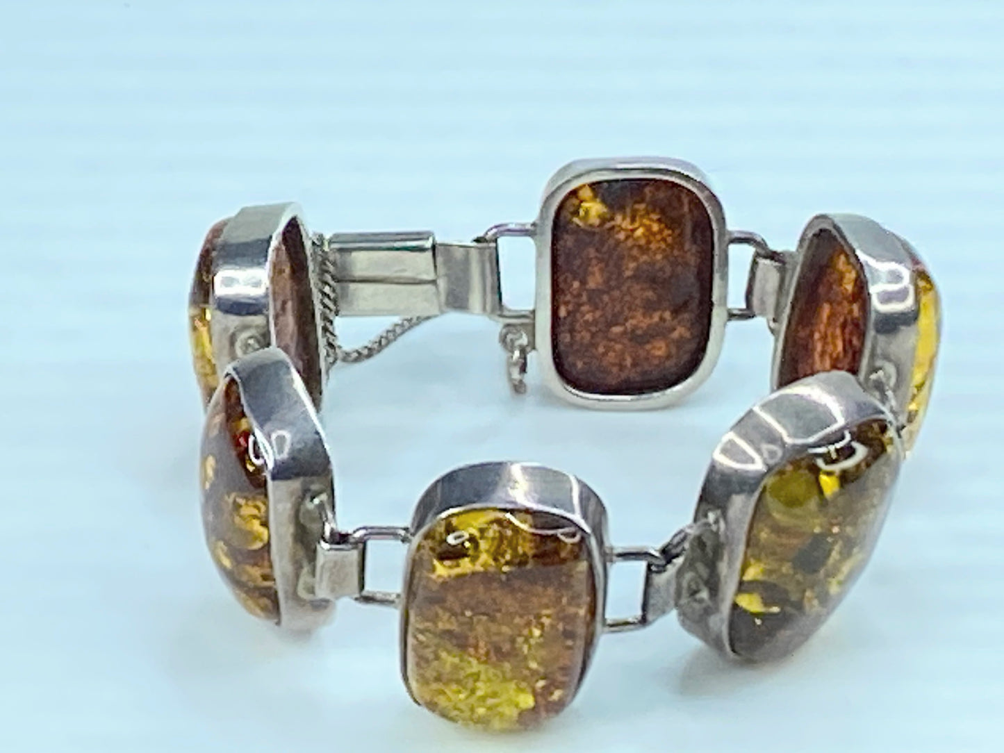 Chunky Mid-Century Sterling Silver Open Back Natural Amber Bracelet 7/75" JR293