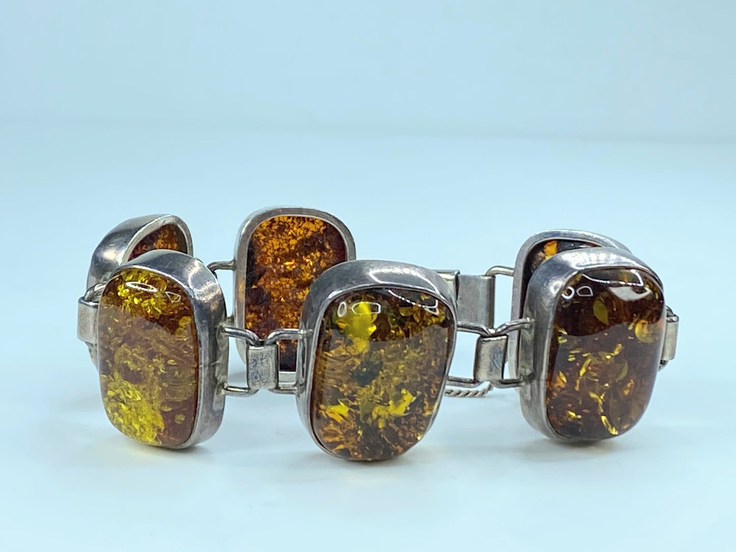 Chunky Mid-Century Sterling Silver Open Back Natural Amber Bracelet 7/75" JR293