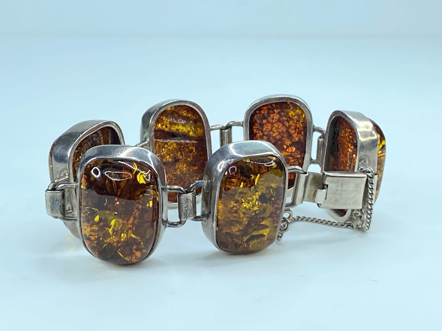 Chunky Mid-Century Sterling Silver Open Back Natural Amber Bracelet 7/75" JR293
