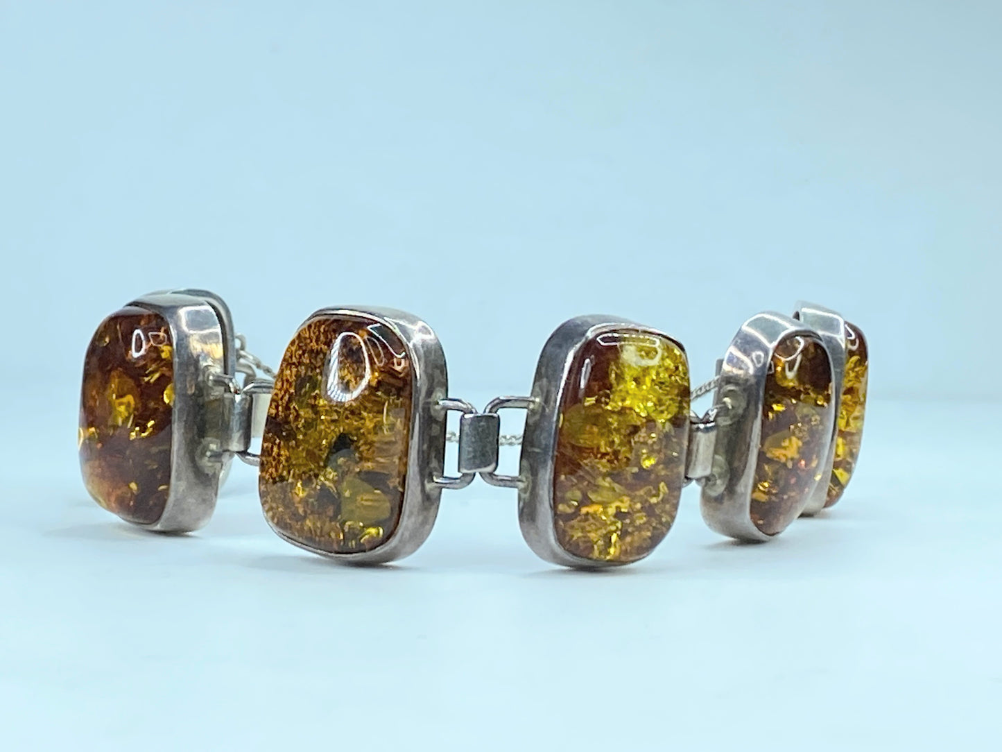 Chunky Mid-Century Sterling Silver Open Back Natural Amber Bracelet 7/75" JR293