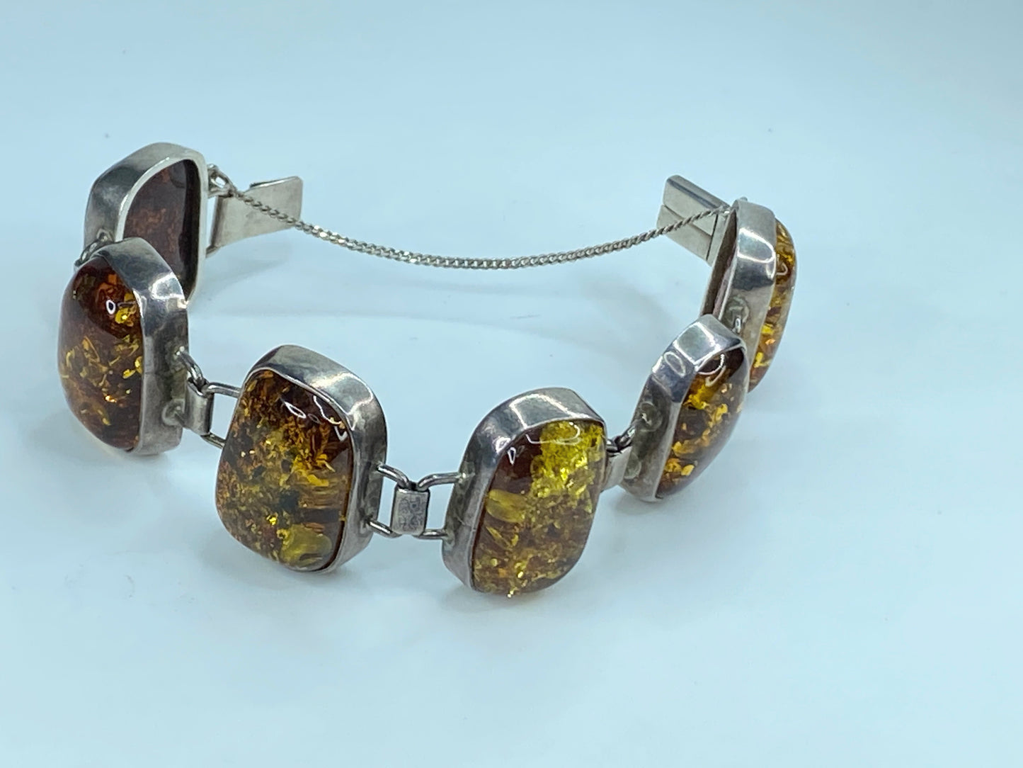 Chunky Mid-Century Sterling Silver Open Back Natural Amber Bracelet 7/75" JR293