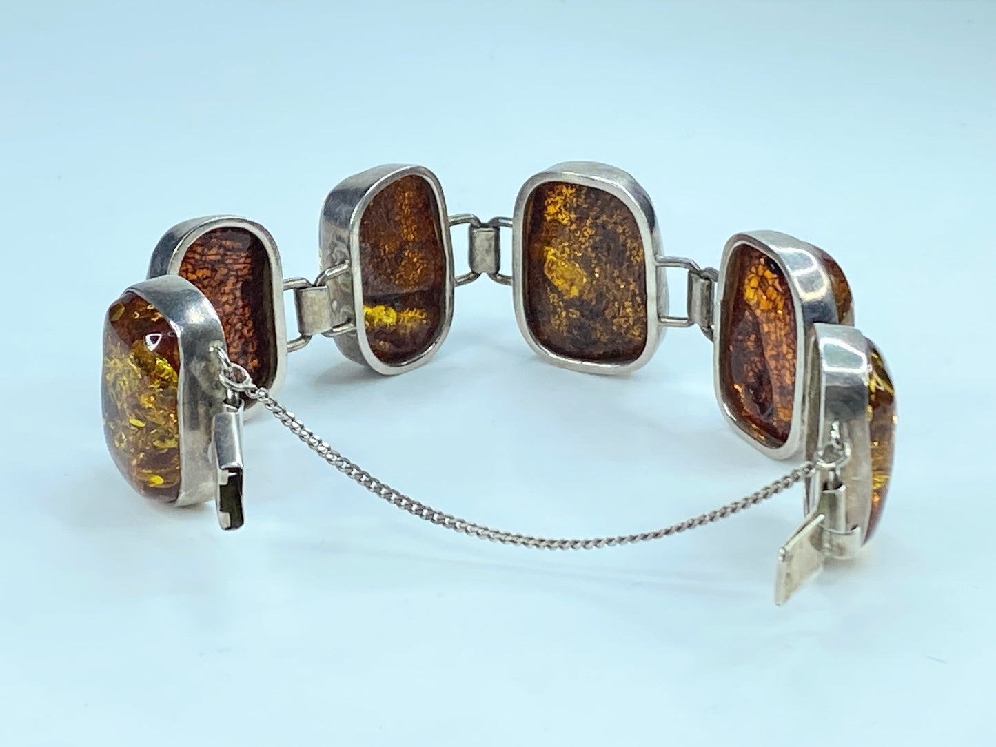 Chunky Mid-Century Sterling Silver Open Back Natural Amber Bracelet 7/75" JR293