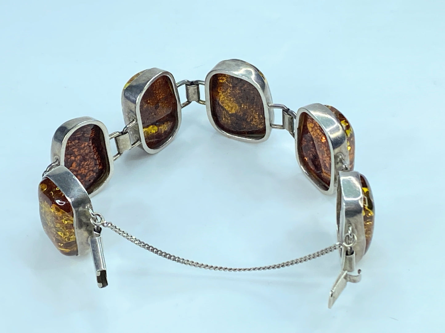 Chunky Mid-Century Sterling Silver Open Back Natural Amber Bracelet 7/75" JR293