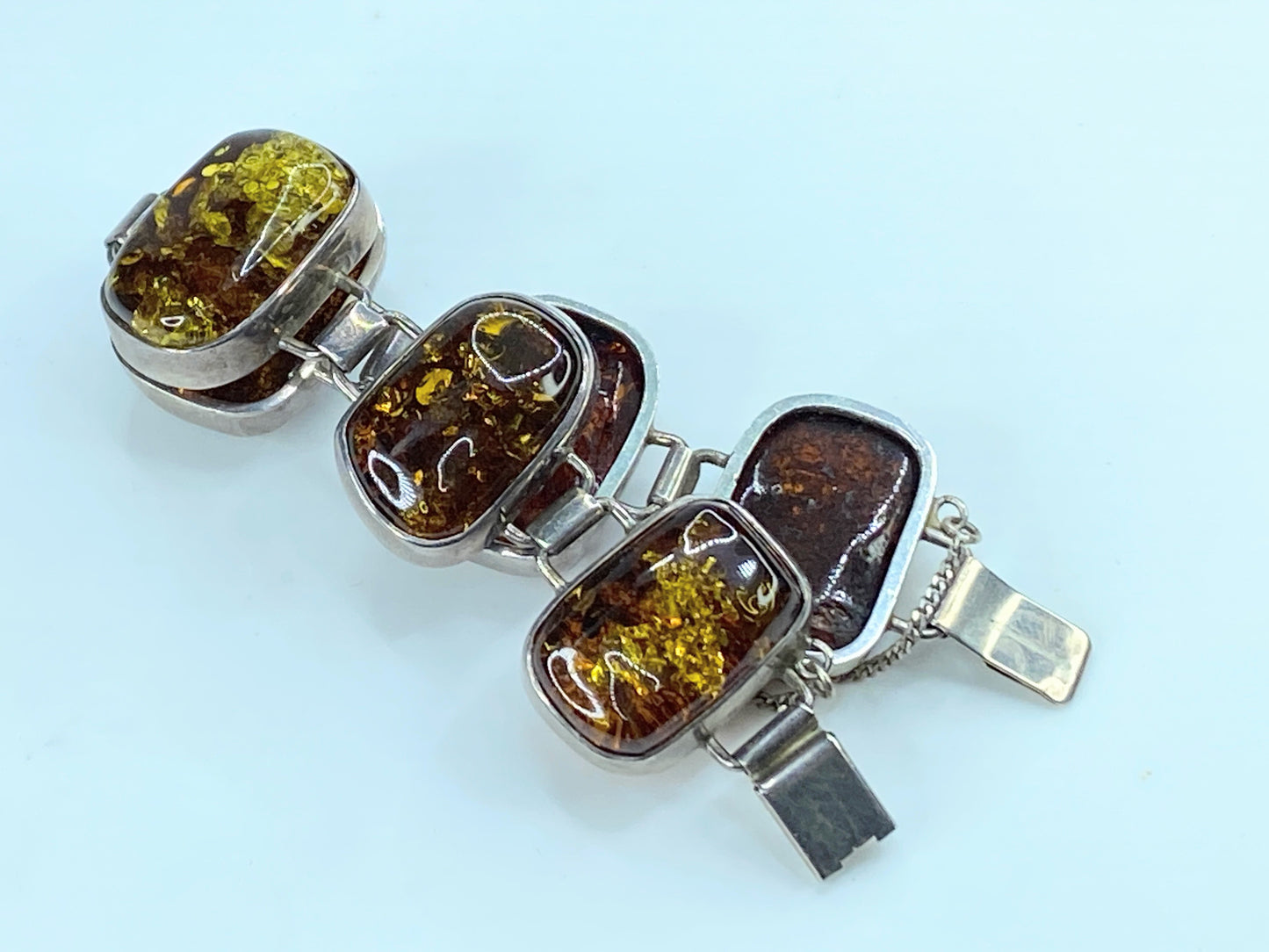 Chunky Mid-Century Sterling Silver Open Back Natural Amber Bracelet 7/75" JR293
