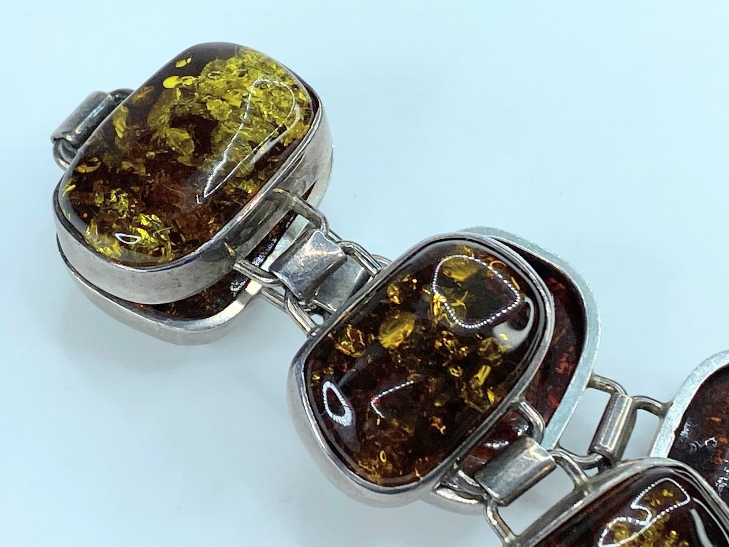 Chunky Mid-Century Sterling Silver Open Back Natural Amber Bracelet 7/75" JR293