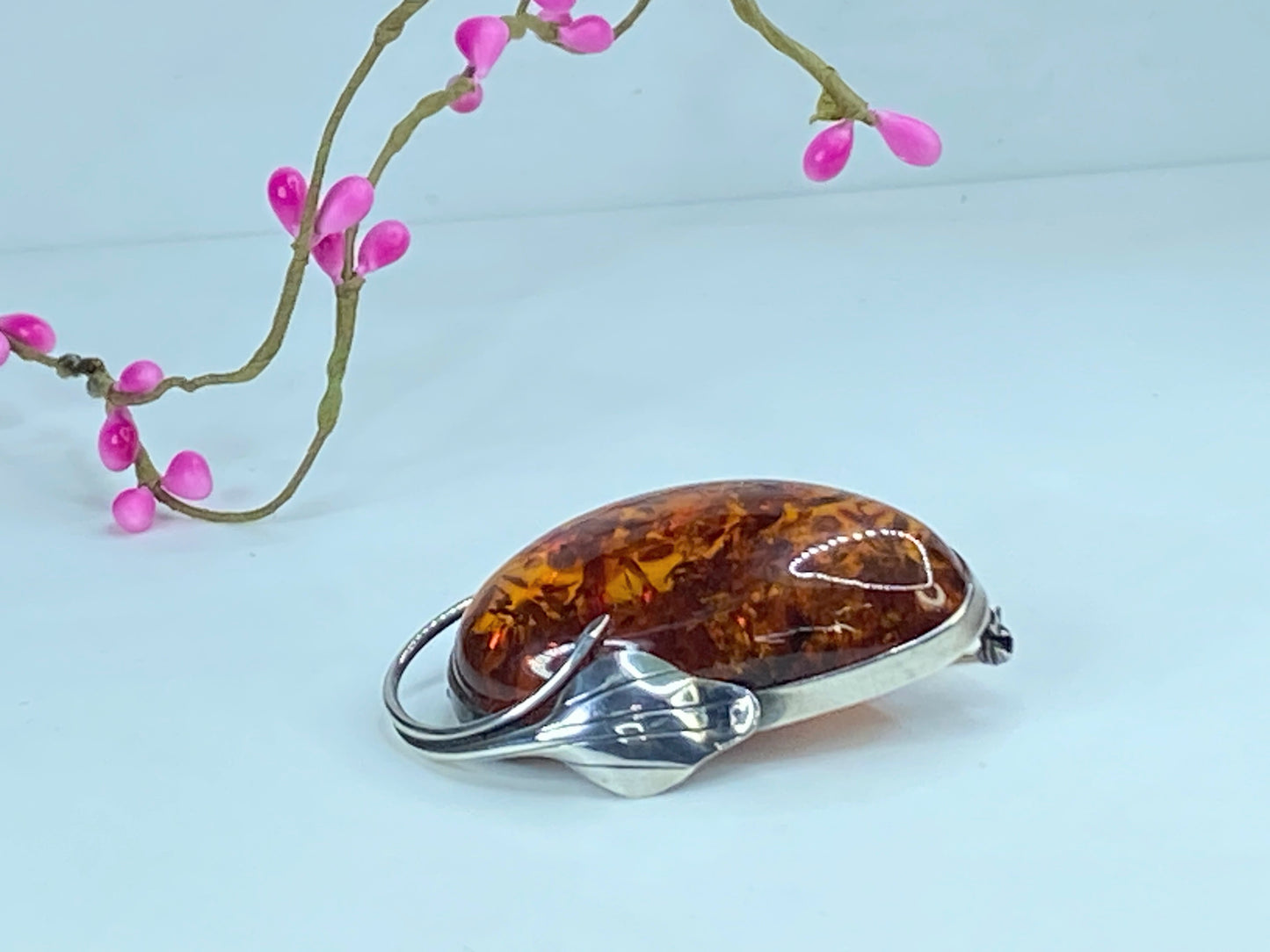 Gorgeous large sterling silver genuine Baltic amber floral brooch pin JR294