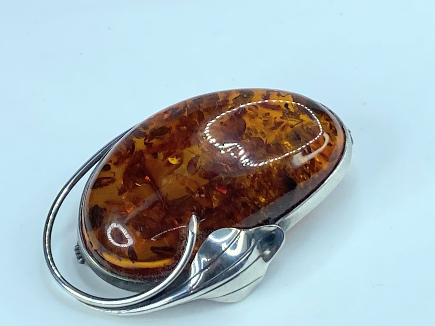 Gorgeous large sterling silver genuine Baltic amber floral brooch pin JR294