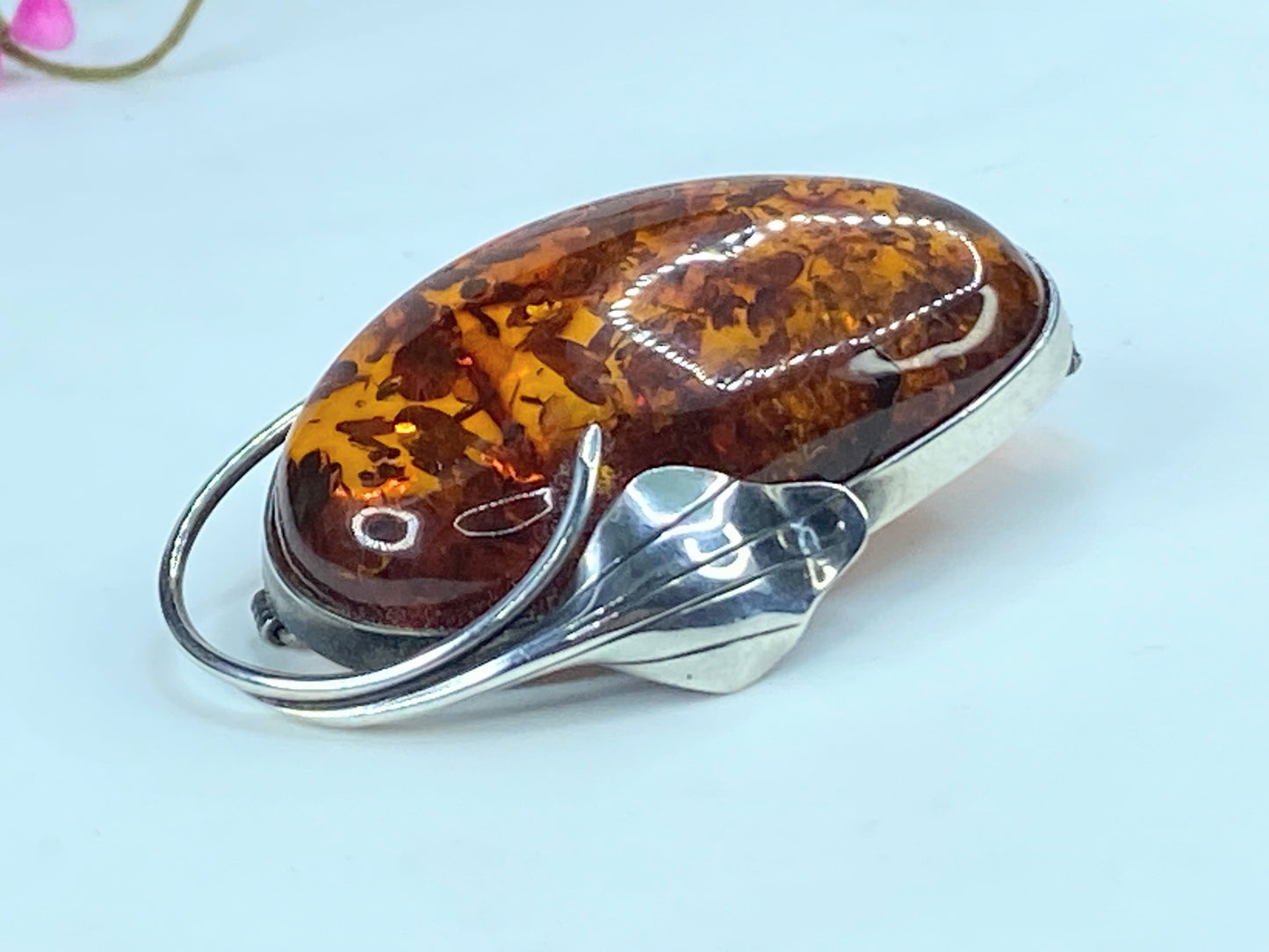 Gorgeous large sterling silver genuine Baltic amber floral brooch pin JR294