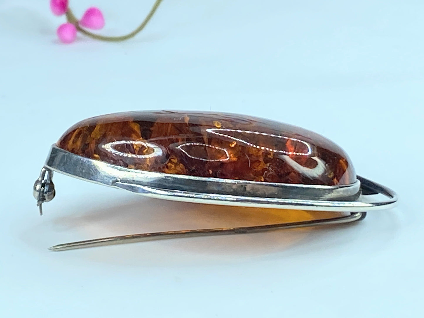Gorgeous large sterling silver genuine Baltic amber floral brooch pin JR294