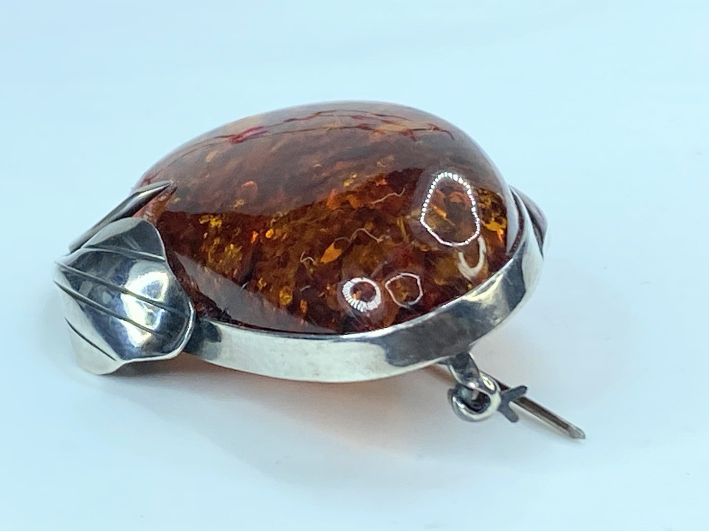 Gorgeous large sterling silver genuine Baltic amber floral brooch pin JR294