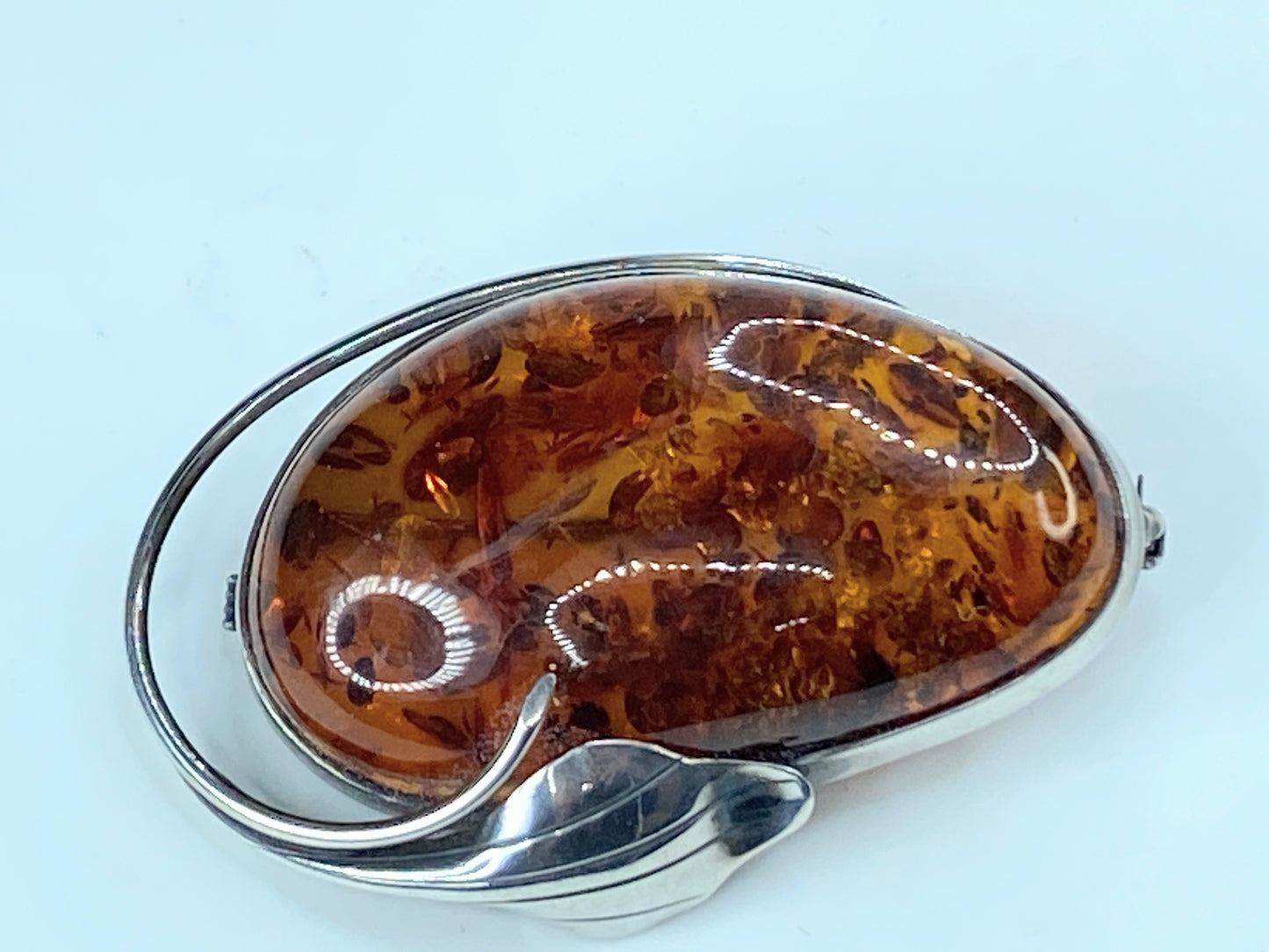 Gorgeous large sterling silver genuine Baltic amber floral brooch pin JR294