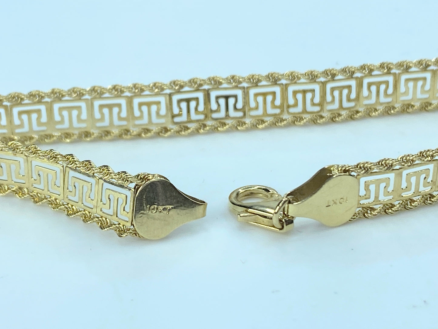 Ornate Greek Key Meander fret design rope link border bracelet in 10K