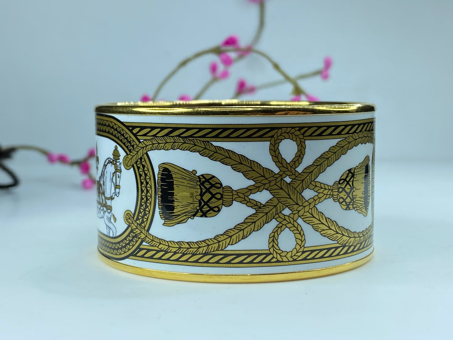 Hermes Enamel Wide Grand Apparat Bracelet White & Gold Printed GS386