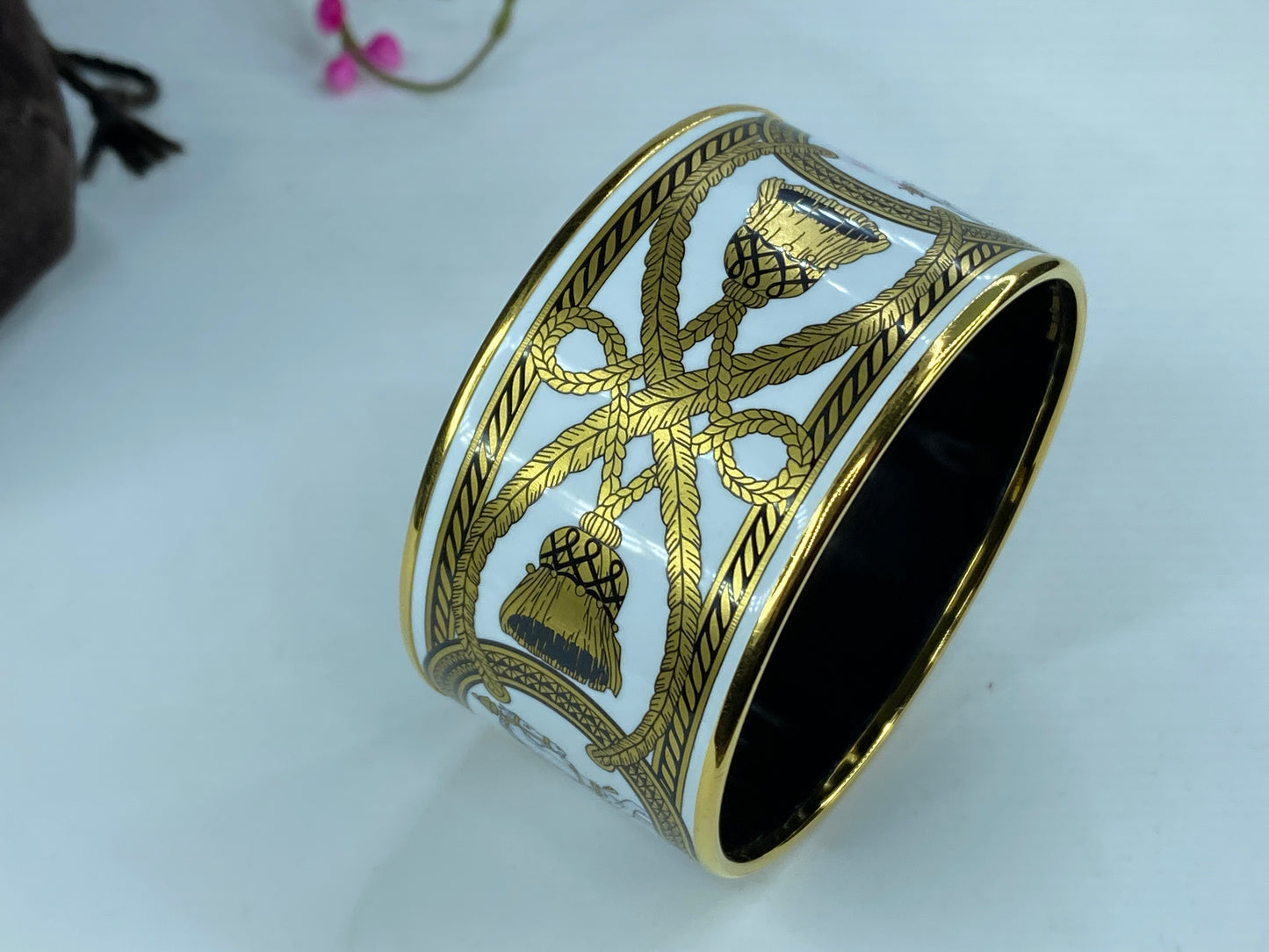 Hermes Enamel Wide Grand Apparat Bracelet White & Gold Printed GS386