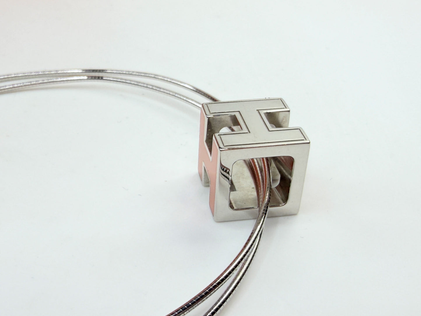 Vintage Hermes H Cube Cage Pendant Necklace Orange Enamel Palladium GS784