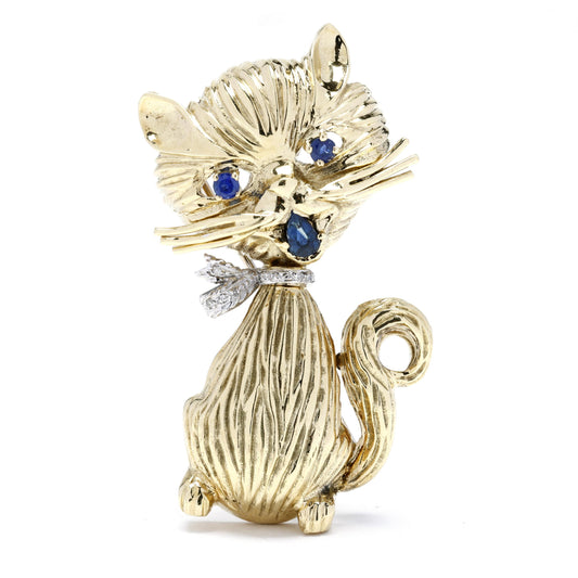 Bi-color 18K Sapphire Diamond Whimsical cat brooch by Ben Rosenfeld