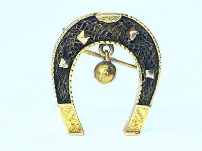 Antique horseshoe brooch woven inlay horsehair dangle bell brooch 15K JR9018